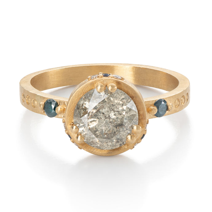 Salt and Pepper Diamond Enagement Ring with Blue Diamonds, Blue Sapphire, White Diamonds