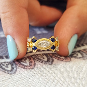 Art Deco Marquise Diamond Engagement Ring Champaigne Diamonds ,Blue & Yellow Sapphires